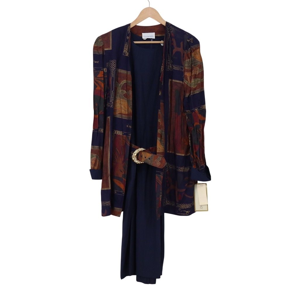 Periwinkle Dress Set Womens 18 8108 Navy Blue Abstract Art Belted NEW